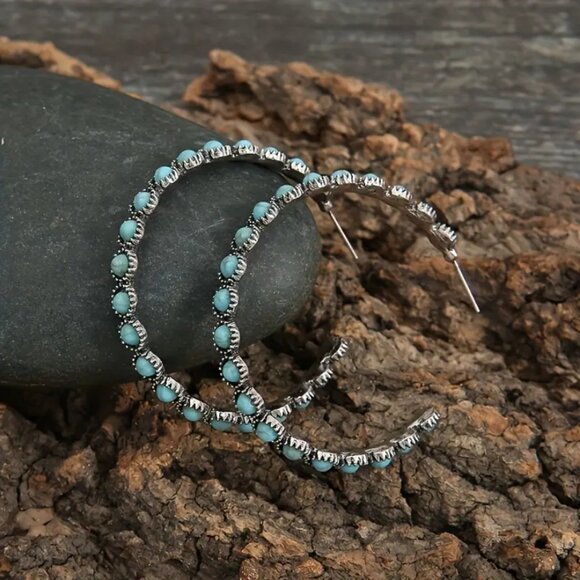 Solid 925 Sterling Silver Turquoise Hoop Womens Earrings Ladies Hoops Jewelry - Picture 2 of 5
